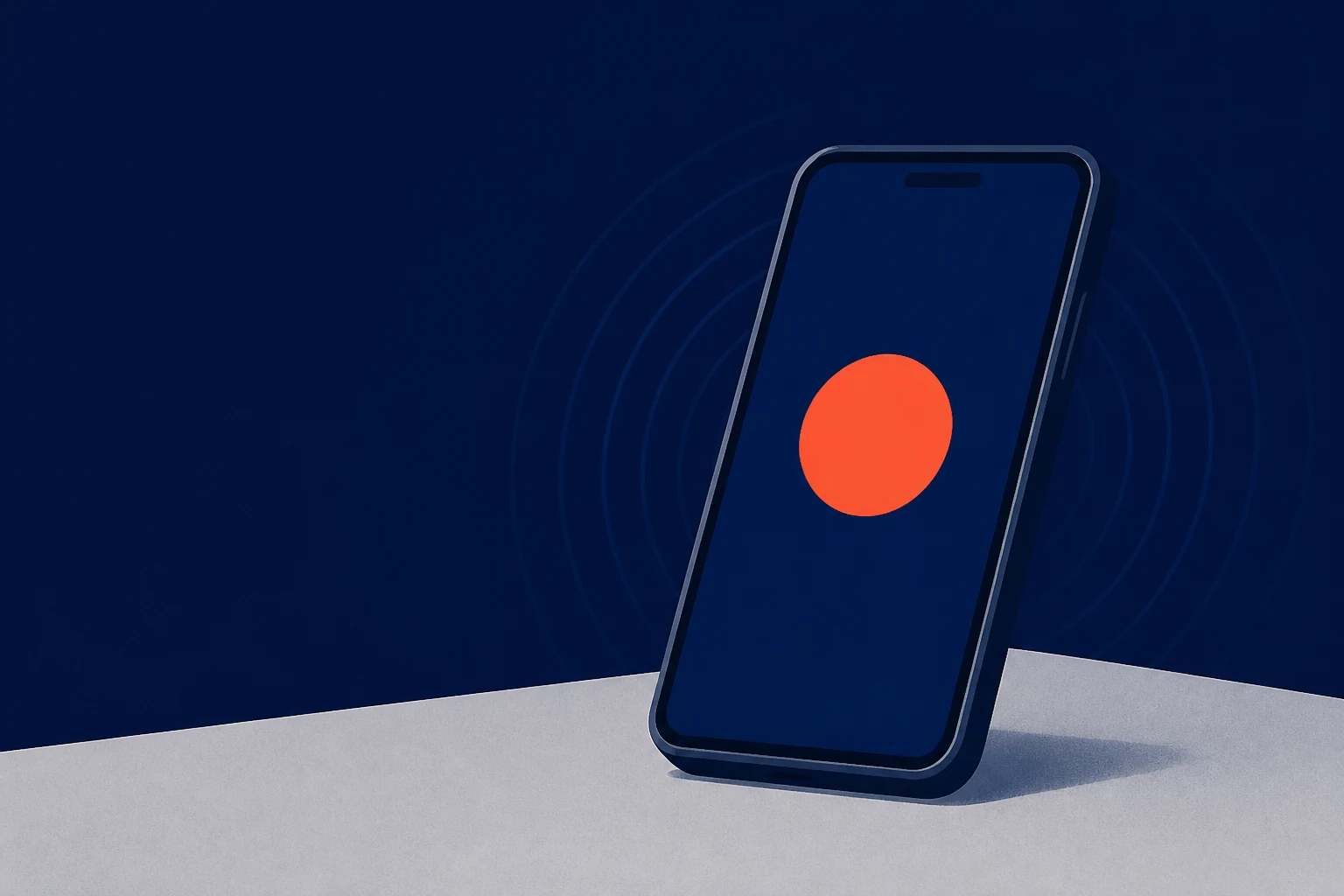 Téléphone stylisé posé sur une table, écran réduit à une pastille d’appel anonyme sans numéro lisible