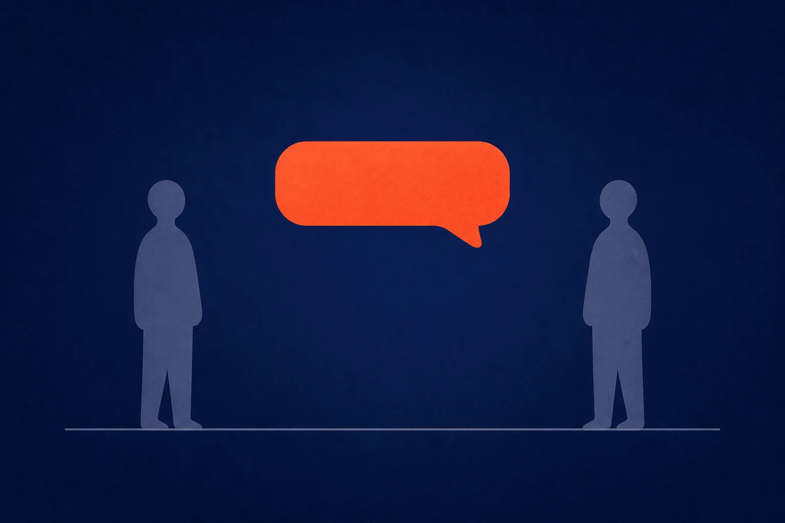 Bulle de message unique échangée entre deux silhouettes anonymes, illustration éditoriale abstraite