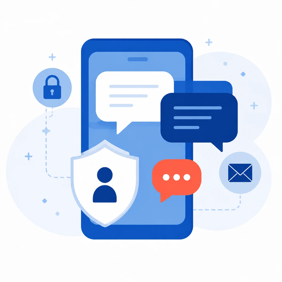 Téléphone protégé entouré de messages, d’un cadenas et d’un bouclier